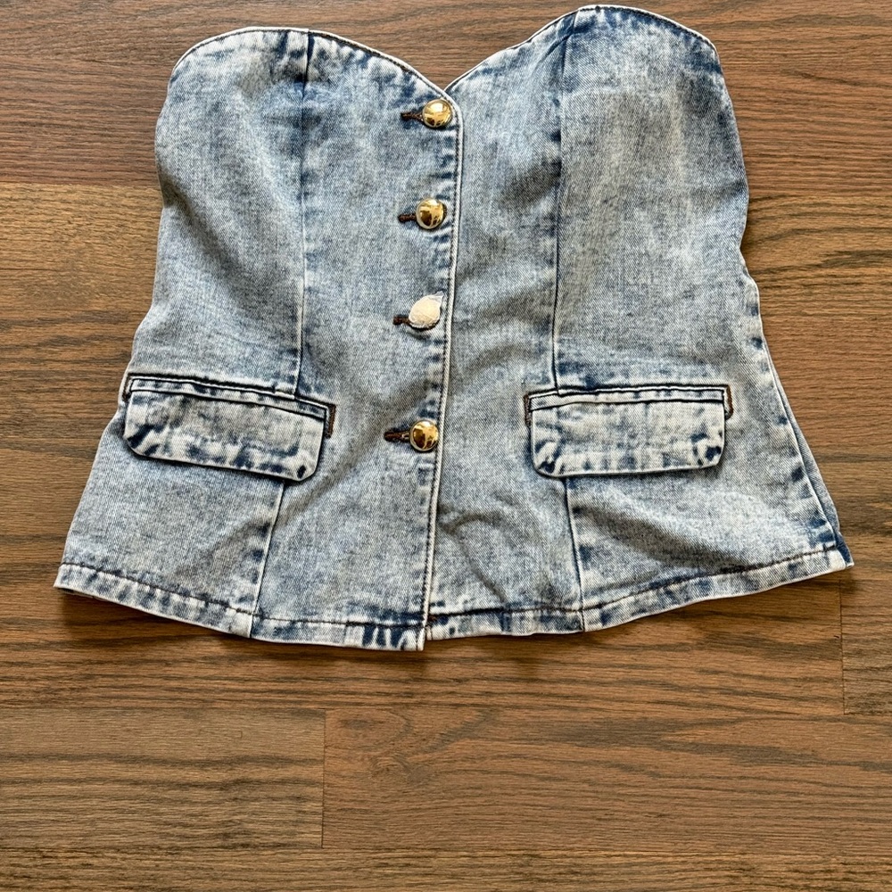 Denim Button-Up Strapless Top